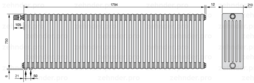 Схема (чертеж) Радиатор Zehnder Charleston 6075/39 №V001 Белый глянцевый RAL 9016